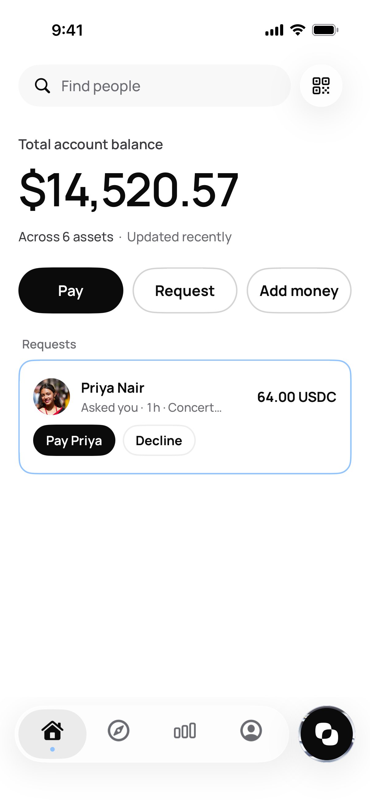 PIQ home: total account balance $14,520.57 across 6 assets
