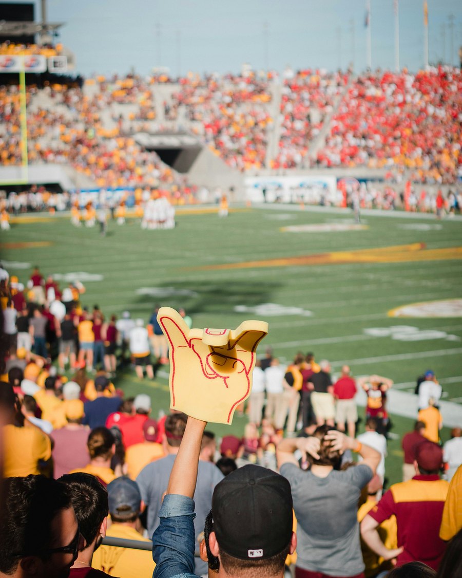 Fans cheering at a college football game