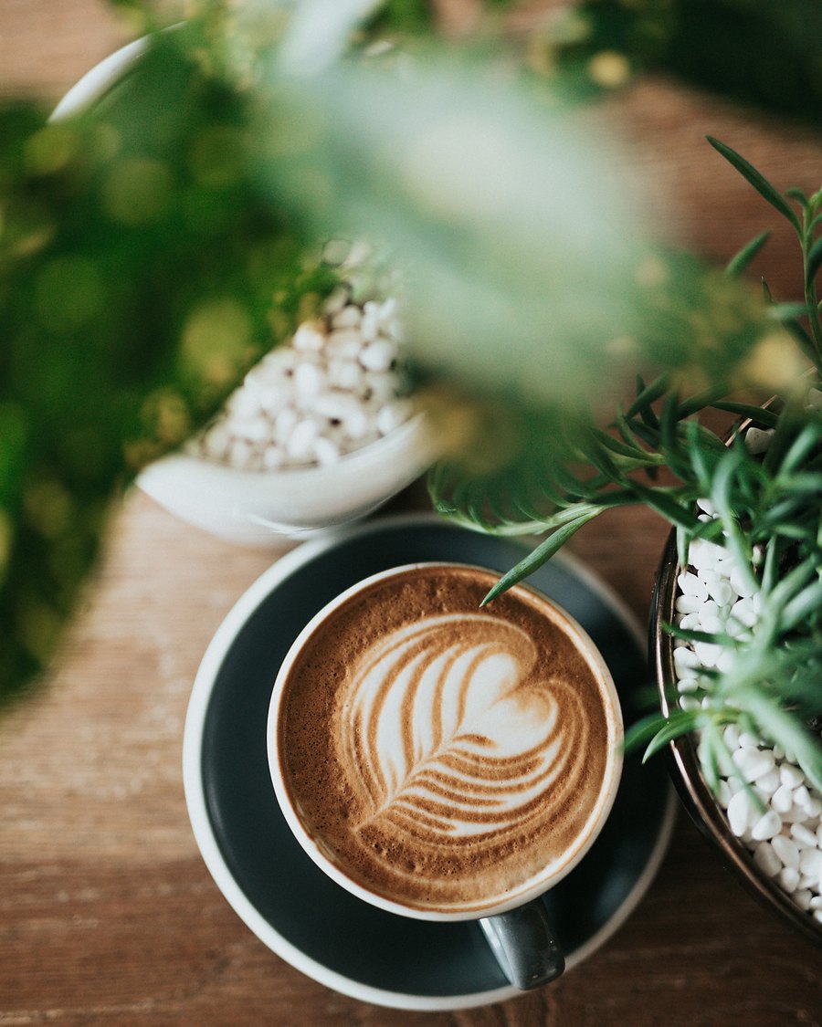 A latte with leaf art on a café table